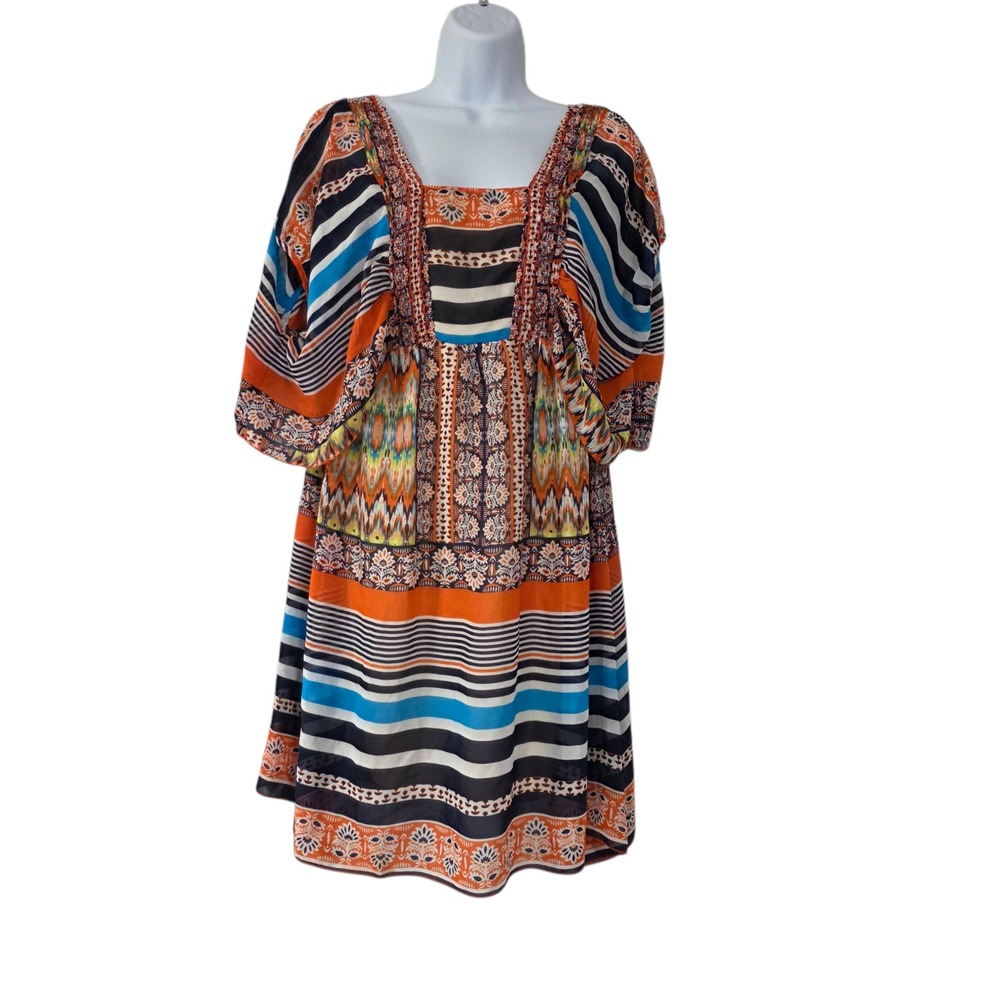 One World Mini Dress Womens S Multicolor Geometric Empire‎ Waist Aztec Summer